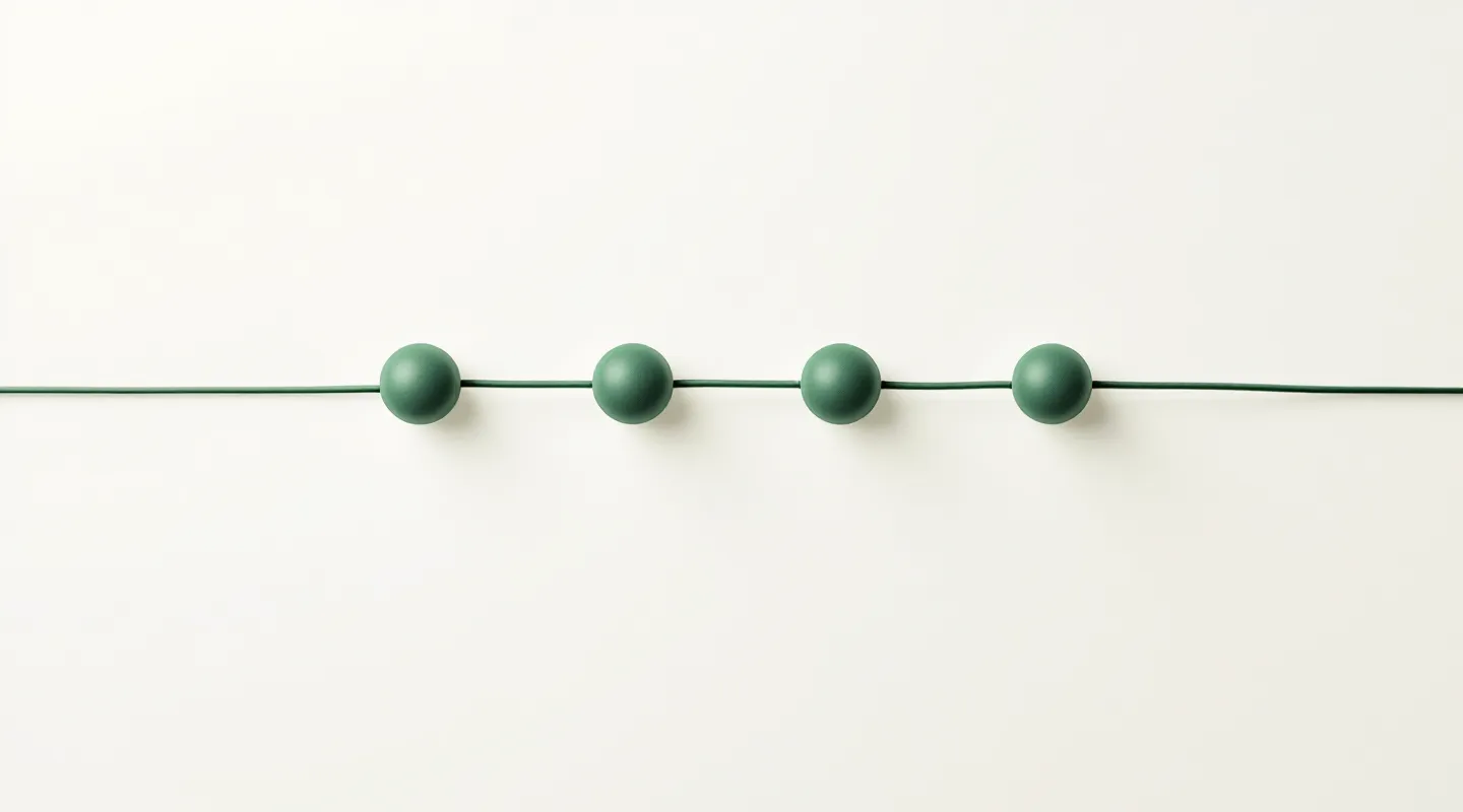 Four connected dark-green nodes in a horizontal row representing the four-amino-acid AEDG tetrapeptide sequence on cool off-white