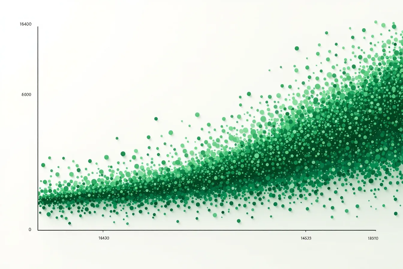 Abstract two-band scatter plot with a rising mint trend line representing lifespan extension on cool off-white