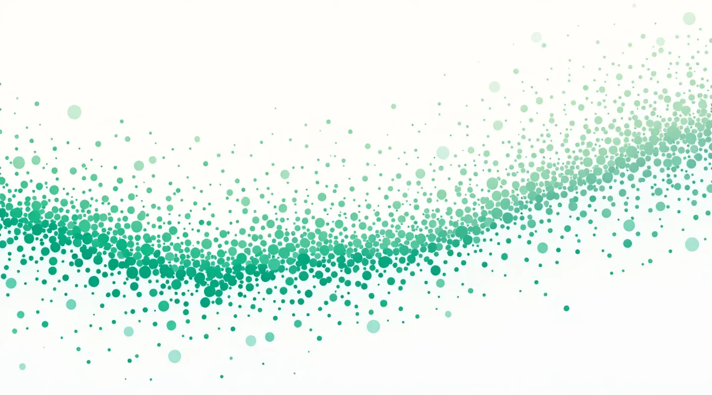 Abstract connected-node dot-cloud rising from lower-left to upper-right in vibrant and dark green on cool off-white